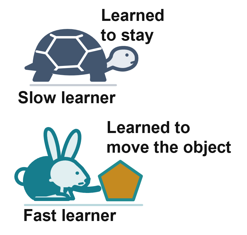 A slow turtle stays still while a fast rabbit learns to move an object